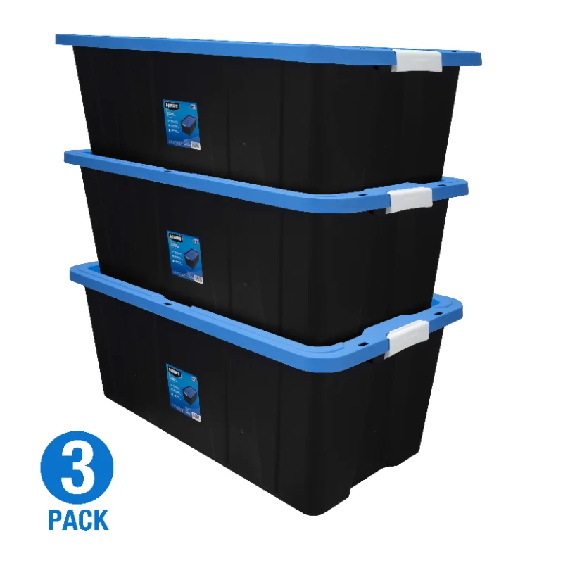 

40 Gallon Latching Plastic Storage Bin Container, Black with Blue Lid, Set of 3