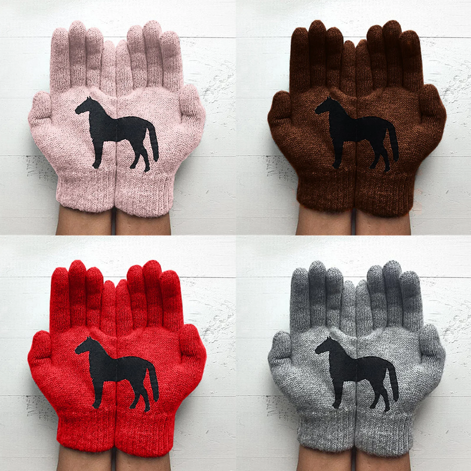

Womens Winter Thicken Warm Knitted Full Fingered Gloves Funny Black Horse Irregular Patchwork Palm Elastic Outdoor Ski Mittens