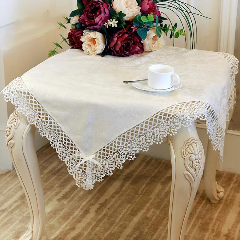 

Proud Rose European Luxury Embroidered Tablecloth White Cotton Linen Lace Dining Table Cover Solid Color Idyllic Lace Table Flag