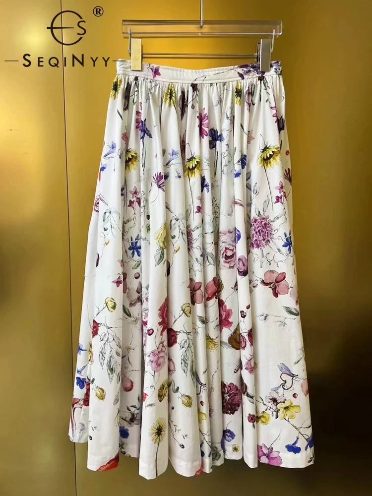

Женская юбка с цветным цветочным принтом SEQINYY, белая подиумная винтажная юбка А-силуэта из 100% хлопка, лето-весна