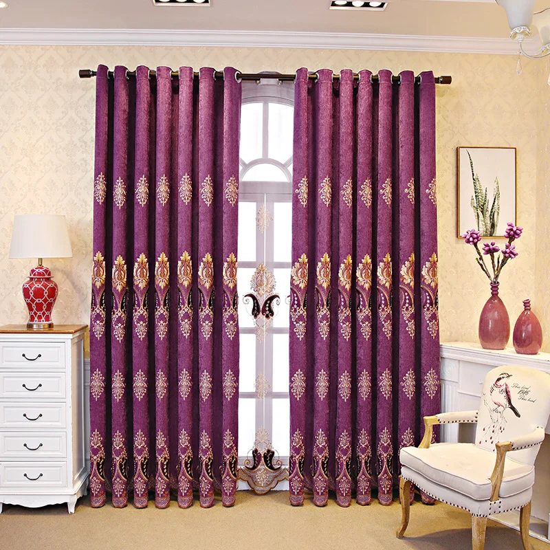 

Blue Purple Golden Blackout Curtains European Embroidered Blue Chenille Vintage Noble and Elegant for Living Room Bedroom
