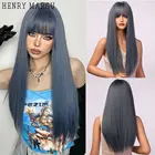 Длинные прямые Синие Серые синтетические парики с челкой henmargu, синие натуральные волосы для женщин, термостойкие, для косплея