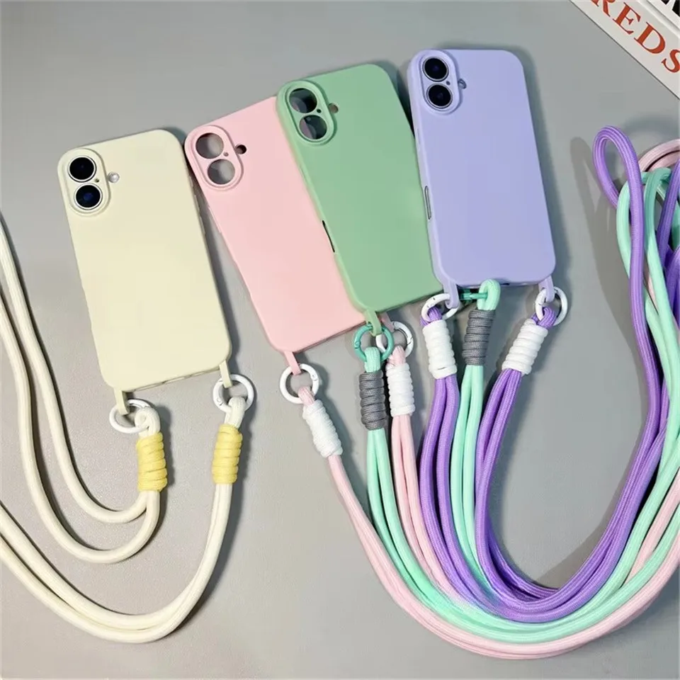 Роскошный чехол из жидкого силикона для iPhone 16 Pro Max 15 14 13 12 11 с ремнями через плечо