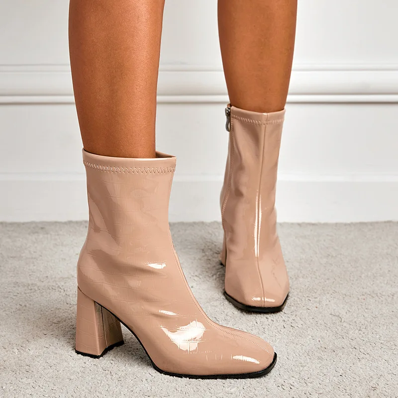 2022 New Fashion British Style Solid PU Modern Boots Slip-On Sexy Pointed Toe Round Heel  Ankle Boot Chelsea Shoe for Women