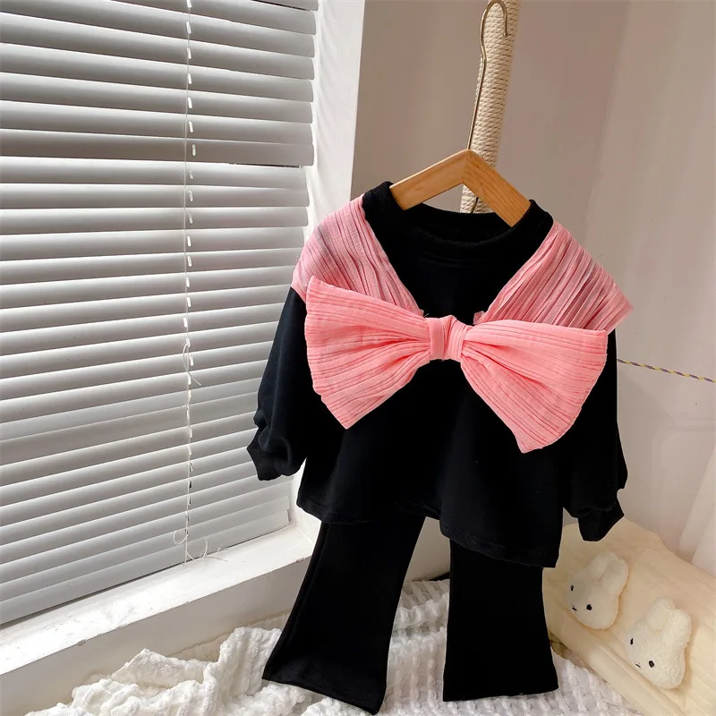 

Girls Leisure Suit 2023 Baby Spring Clothes Girls Big Bow Sweater+bell Bottoms Two-piece Female Treasure Fashion Suit 2-12 Years