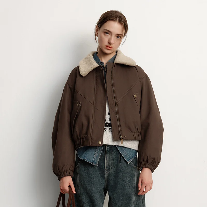 Фото Женская зимняя куртка Semir с хлопковой подкладкой из искусственной овечьей шерсти с лацканами, оверсайз, новинка 2025, куртка в стиле сарая, женская одежда №4