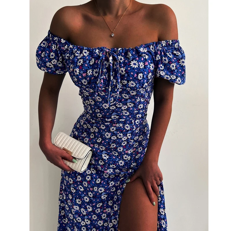 

YEMOGGY Elegant Floral Print Hem Split Dresses Women Summer Dress 2022 New Strapless Short Puff Sleeves Sexy A-line Midi Dress