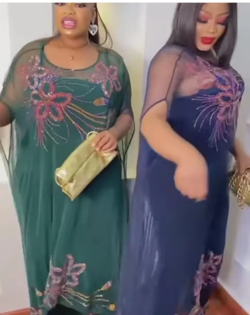 

African Dresses for Women Summer African Women Short Sleeve O-neck Polyester Three Pieces Sets Dress Top and Long Pant