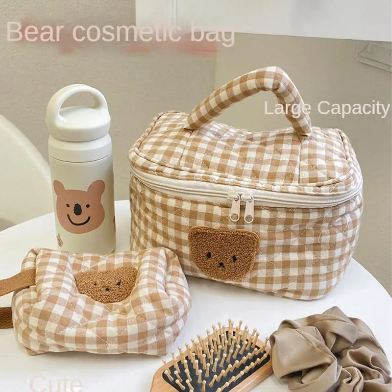 

Cute Bear Makeup Pouch Checkerboard Lattice Women Large Capacity Portable Cosmetic Box Case Bags Female Storage Make Up Cases