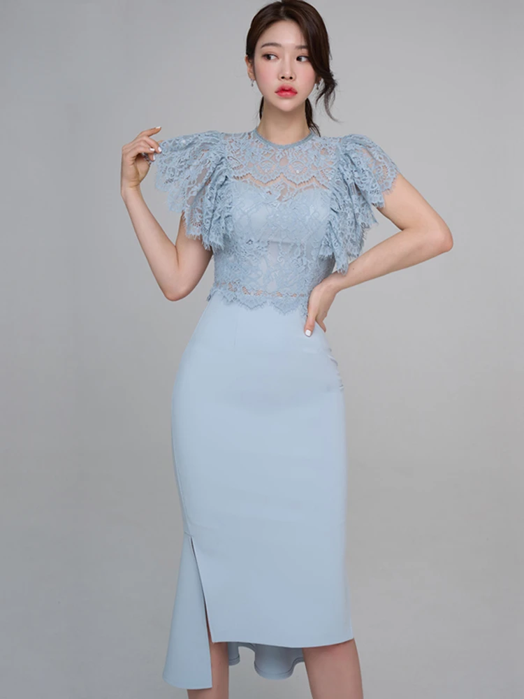 

Queen New 2 Pieces Set Women Hollow Out Lace Top + Irregular Pencil Skirts Simple Office Skirt Suit Casual Female Clothing