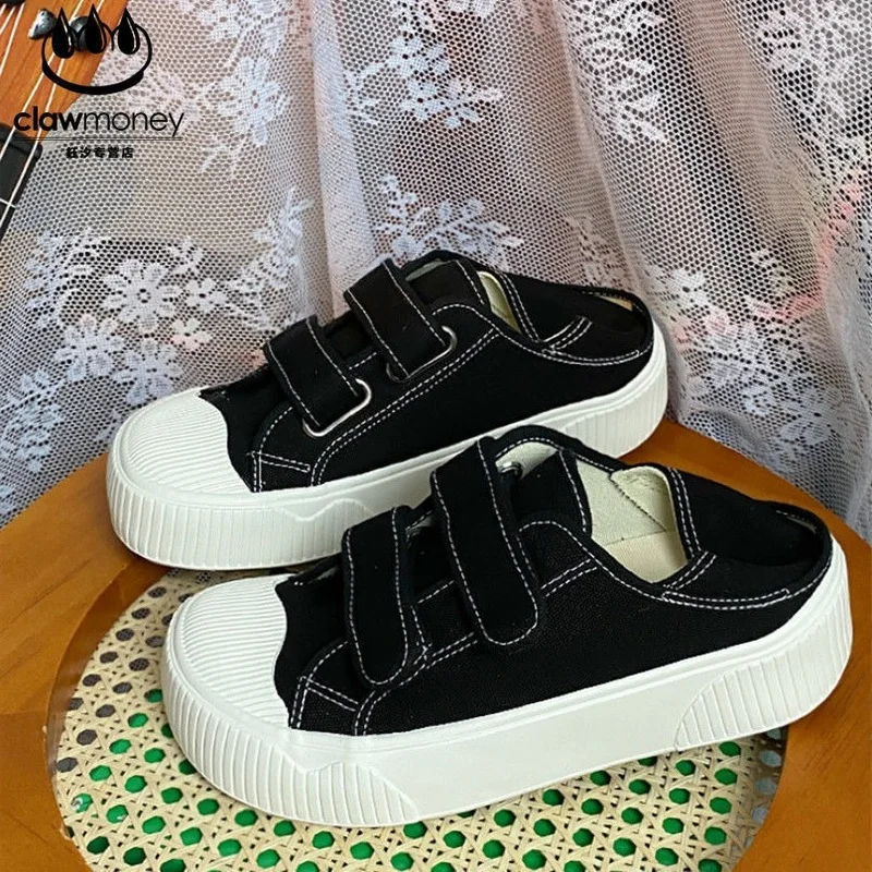 QWEEK White Casual Vulcanize Shoes Women's Sneakers 2023 Korean New Summer Platform Flat Sports Canvas Running Rubber Tennis