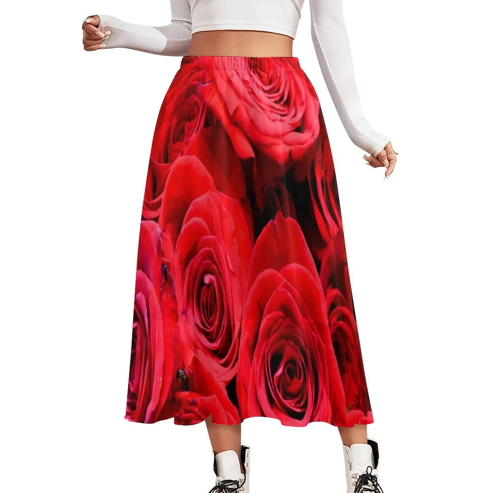 

Red Rose Print Skirt Elegant Floral Cute Boho Skirts Elastic Waist Graphic Y2K Casual Skirt Big Size 2XL 3XL