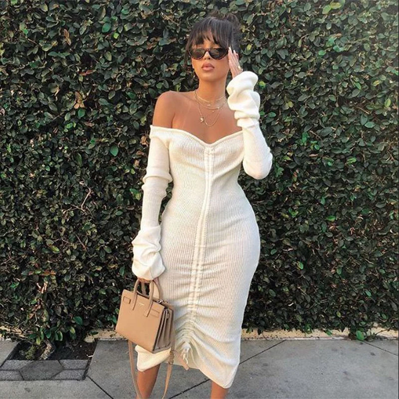 

Fashion Sexy Long Sleeve Off Shoulder High Waist Corset Dress Women Elegant Strapless Solid Color Shirring Bodycon Dress
