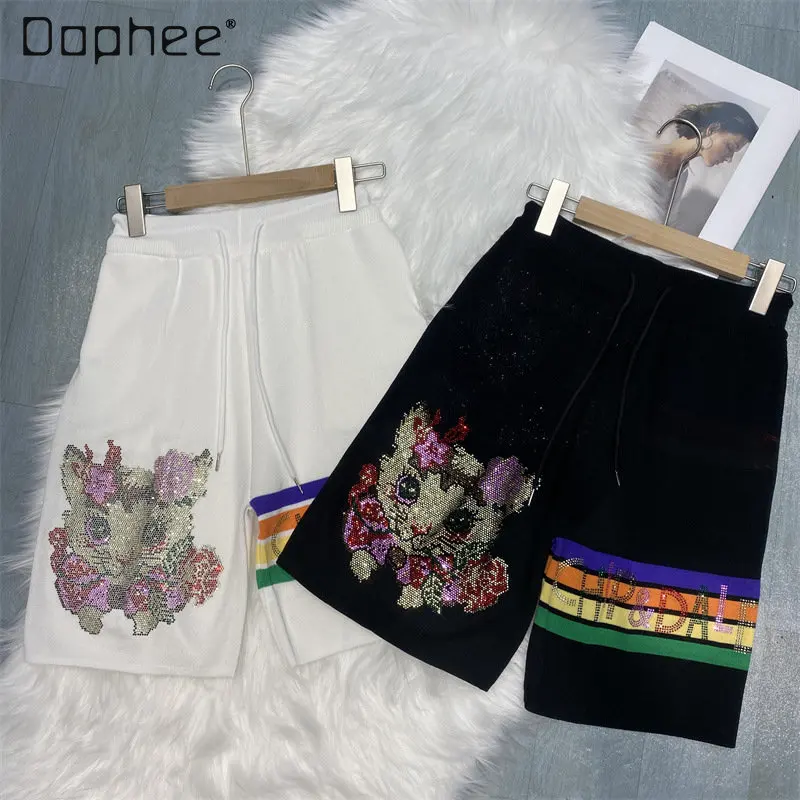 

Повседневные шорты с мультяшным котом, женские трикотажные брюки контрастных цветов с широкими штанинами, весна-лето 2023