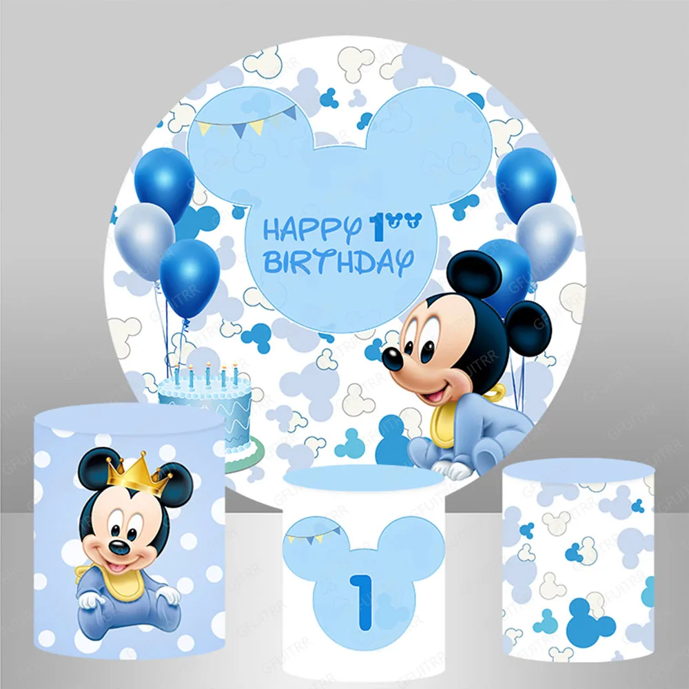 Disney Mickey Round Backdrop Boys Birthday Party Baby Shower Photo Blue Balloon Background Circle Cake Table Cover Booth Props