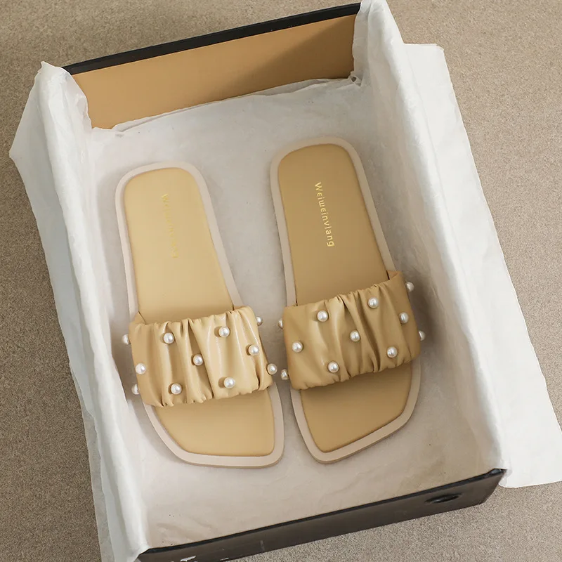 Korean Version Outer Wear Slippers Women Summer New Flat Slippers Girls Shoes Soft Bottom Pearl Decorative Slippers Women 42 43