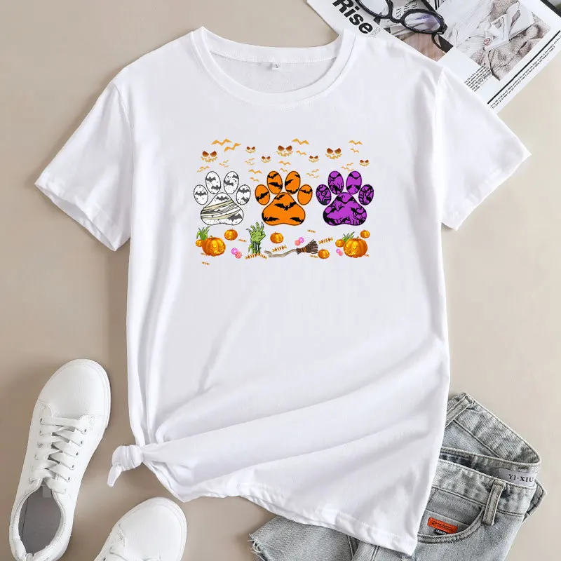 

Женская футболка с коротким рукавом, круглым вырезом и принтом тыквы