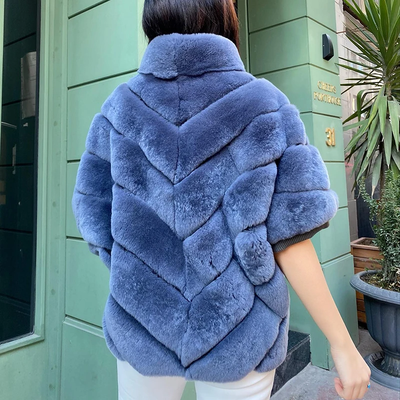 Half Sleeve Stand-up Neck Natural Rex Rabbit Fur Jacket Women Streetwear Thicken Tide Warm Autumn Winter Tide Fur Coat Lady enlarge