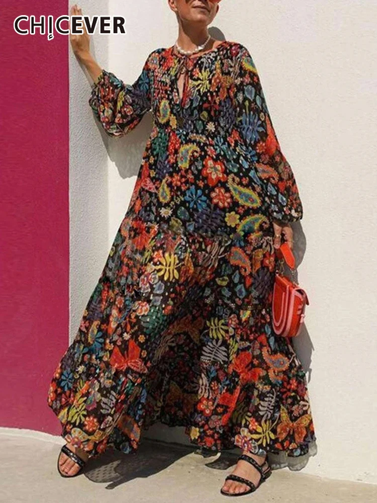 

CHICEVER Платье с принтом для женщин, с круглым вырезом, с длинным рукавом, с высокой талией, свободные винтажные миди платья для женщин 2022, летня...