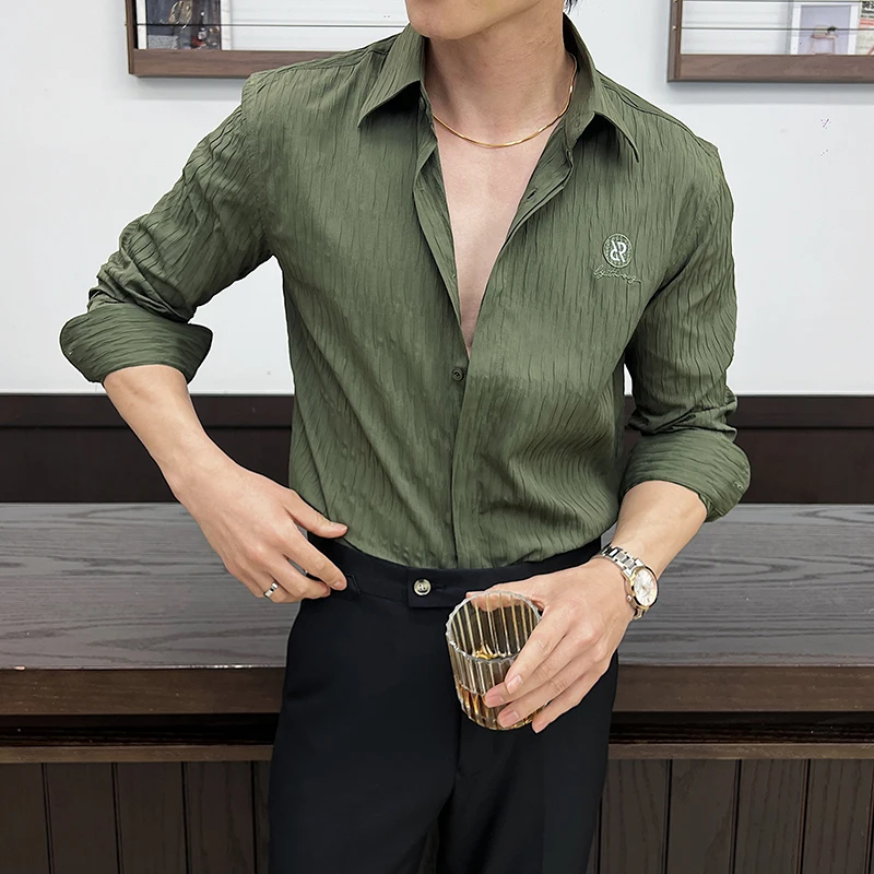 Роскошные мужские жаккардовые рубашки с длинным рукавом и вышивкой логотипа