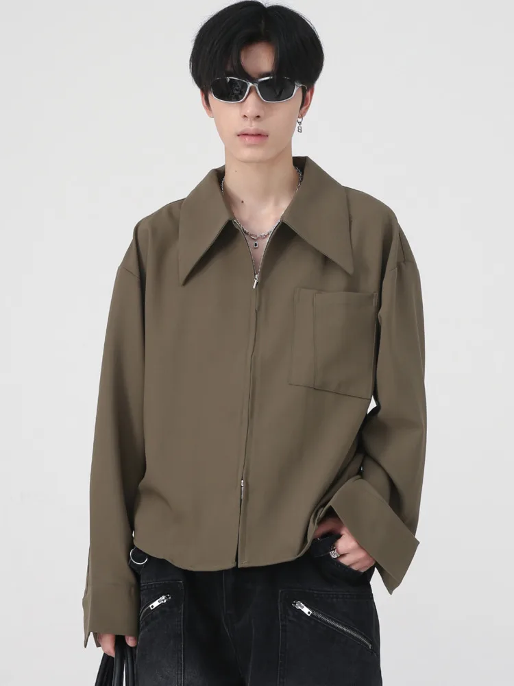 

SYUHGFA Men Clothing 2022 Autumn Lapel Korean Streetwear Double Zippers Long Sleeve Shirt Single Pocket Loose Fashion Shirt