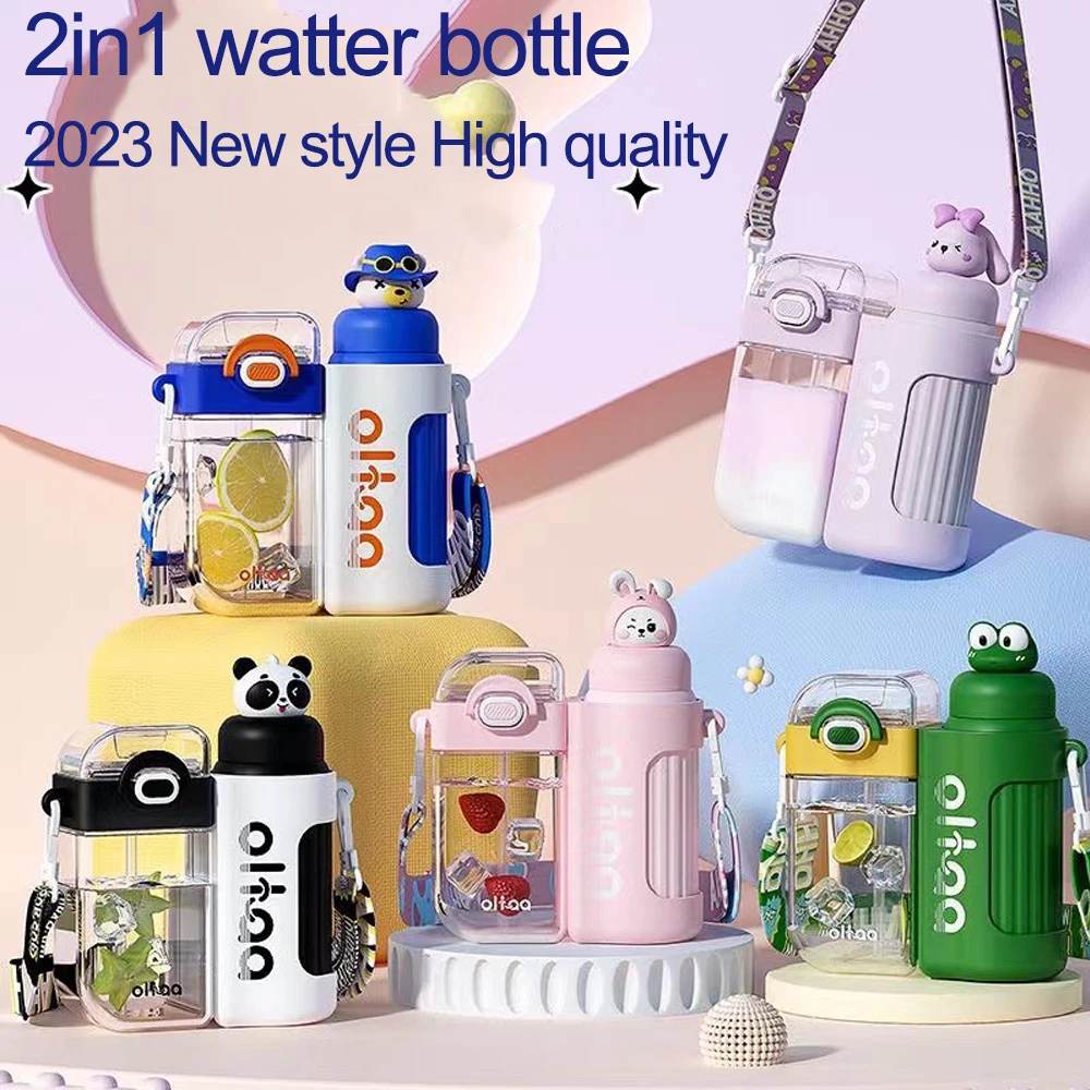 2023 Cartoon 320/400ml Portable Split Double Drinking Thermos Cup for Kids Boys Girls with Straw BPA Free Plastic Water Bottles