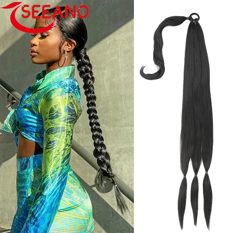 

SEEANO Synthetic Hair Extensions Ponytail 80cm 31inch Super Long Wrap Around Jumbo Pre Braided Ponytail Ombre Braided Pony Tail
