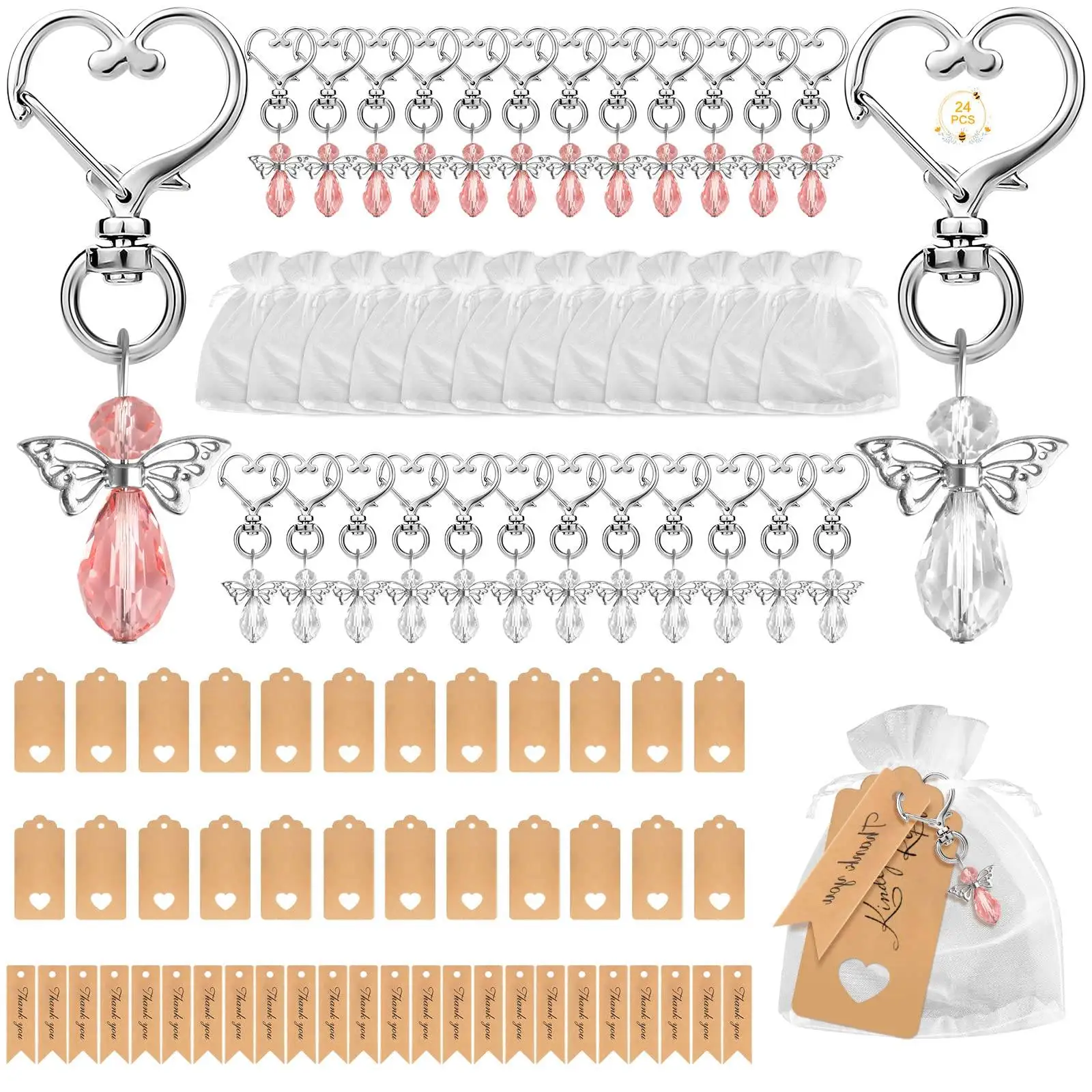 

24PCS Angel Keychains, Pendants with Organza Bags and Tag for Wedding Party Return Gifts Favors