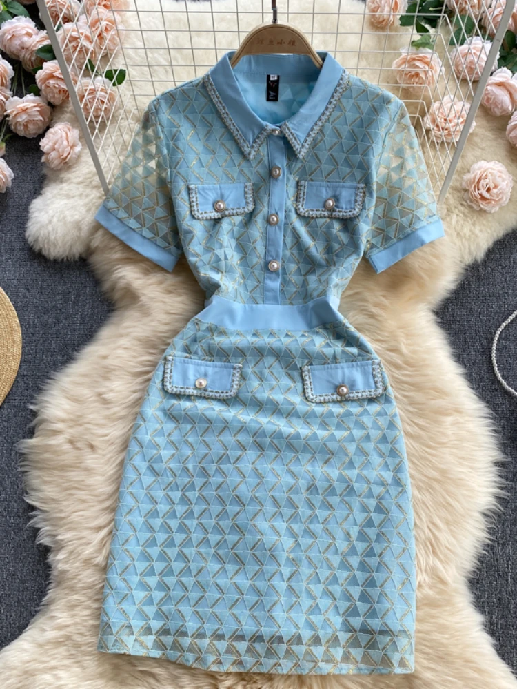 

Fitaylor New Summer Single Breasted A-line Dress Women Elegant Polo Neck Short Sleeve Dress Lady Fashion Slim A-line Dress