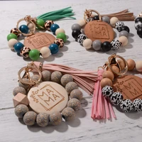 2022 new mama bracelet keychain for women tassel bag pendant accessory leopard print wood bead wrist keyring mothers day gift