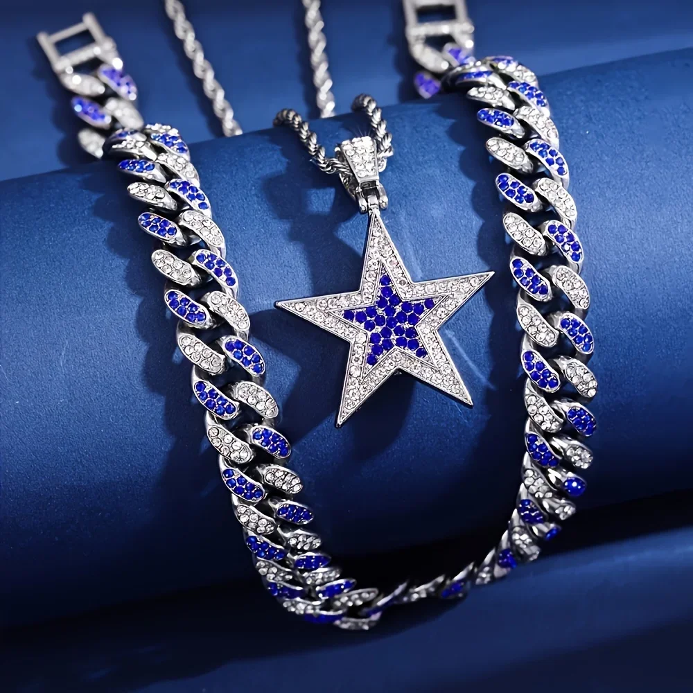 3pcs Sparkling Dazzling Pendant Necklaces - Imitation Diamond Studs Astral Glamour Star Decor Bold Hip-hop Cuban Chains