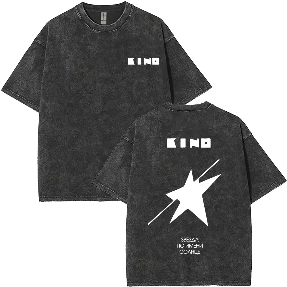 Фото Washed Vintage Viktor Tsoi Kino Logo Graphic T Shirt Men Women Gothic Retro Oversized T-shirts Men's Classic Rusian Rock T-shirt №5