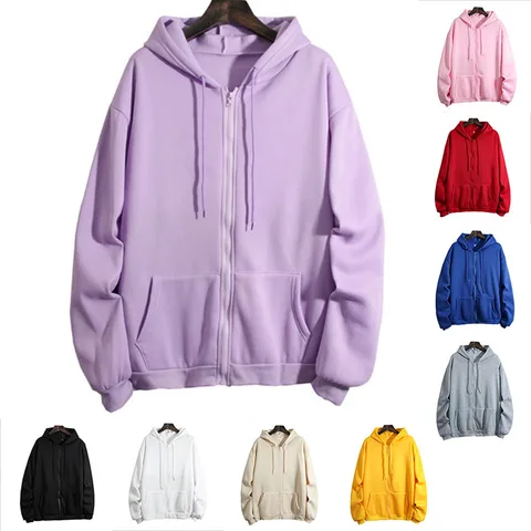 Crewneck Sweatshirts For Women Spring Warm Long Sleeve Loose Solid Hooded Zipper Pocket Sweatershirt Coat Sudaderas Толстовка