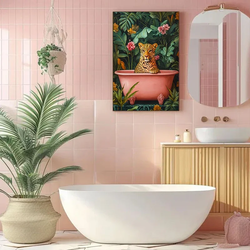 Эклектический цветной постер с животным принтом черный кот гепард в ванне