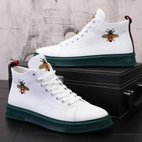 2022 european station embroidered white shoes high top mens sneakers cowboy boot inner height increasing casual shoes male ins