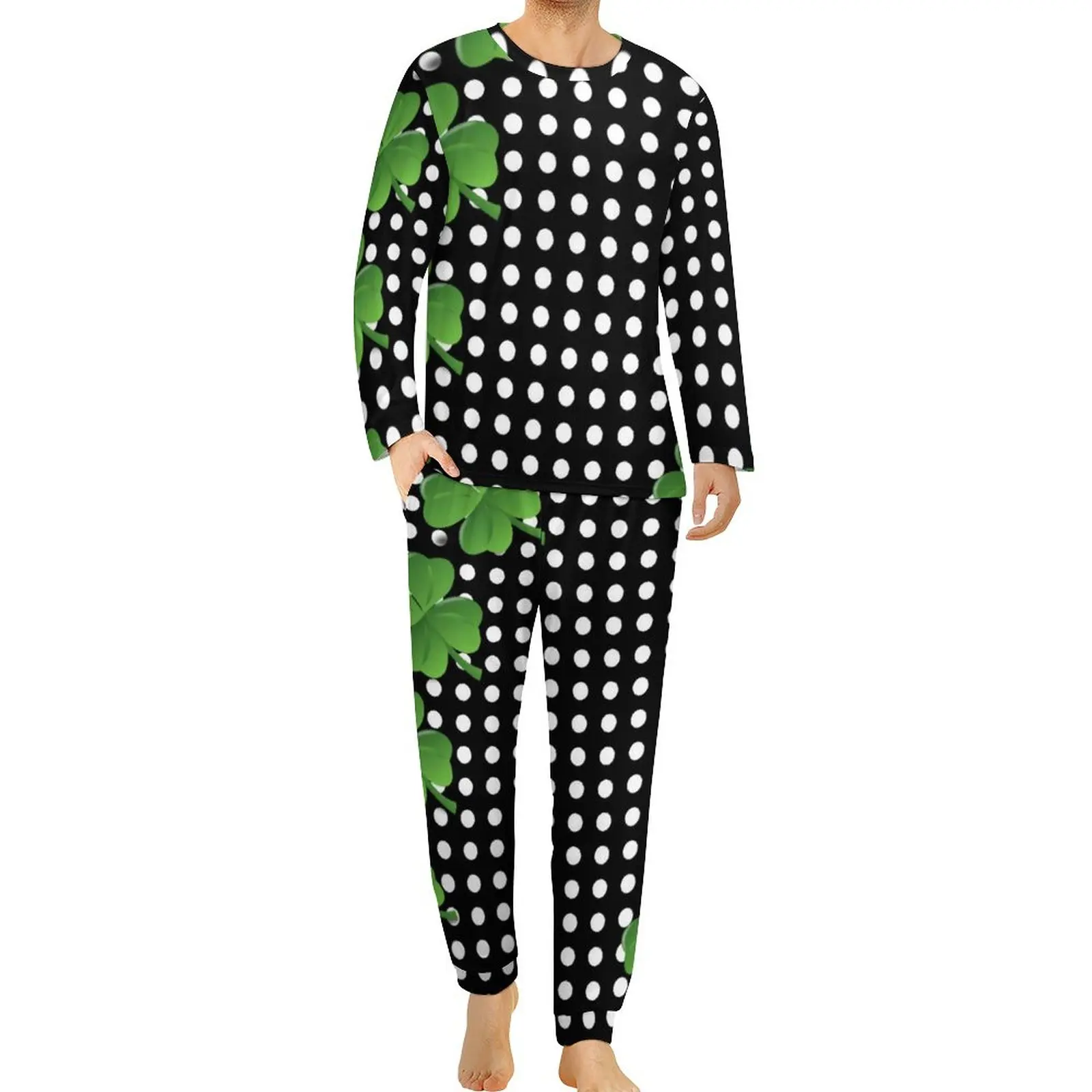 

Black White Polka Dot Pajamas Spring St Patricks Day Irish Shamrocks Casual Sleepwear 2 Pieces Romantic Oversized Pajama Sets