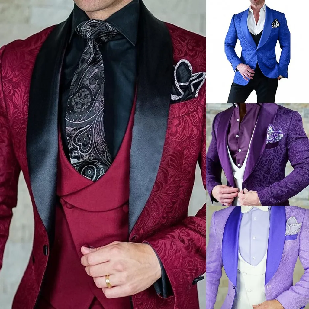 Hot Selling Men Suits Pattern and Black Groom Tuxedos Shawl Satin Lapel Groomsmen Wedding Best Man ( Jacket+Pants+Vest+Tie) C691