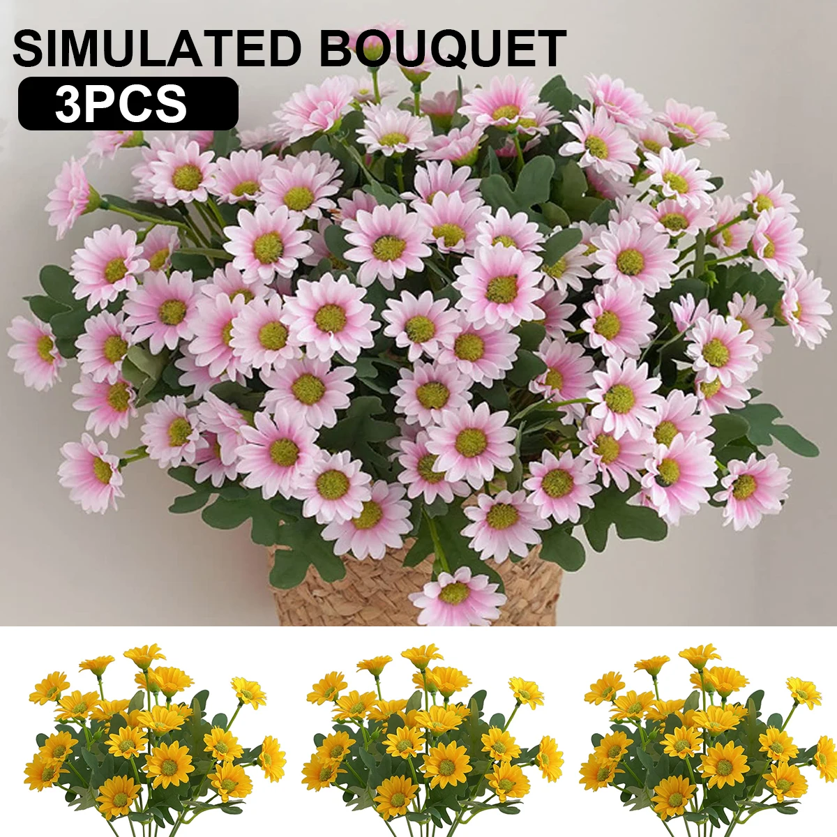 

3Pcs Artificial Daisy Bouquets Fake Daisy Flowers Reusable Plastic Fake Decorative Flowers Realistic Simulation Daisy Floral