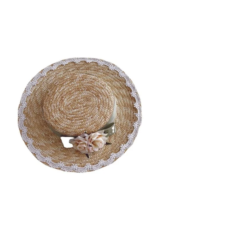 Children's Straw Sun Hat Flower Lace Strap Big Brim Hat Flat Top Sunscreen Beach Straw Hat Panama Travel Sunscreen Gorro