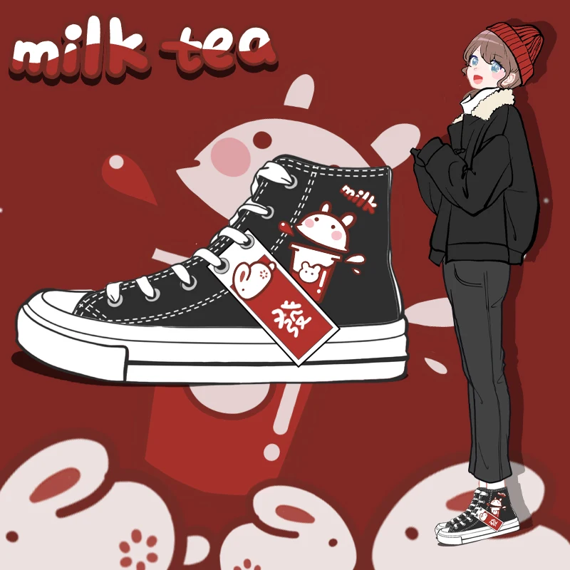 

Женские модные высокие кроссовки Amy and Michael для девушек и студентов, красивые холщовые ботинки с аниме Кроликом, черные повседневные теннисные туфли