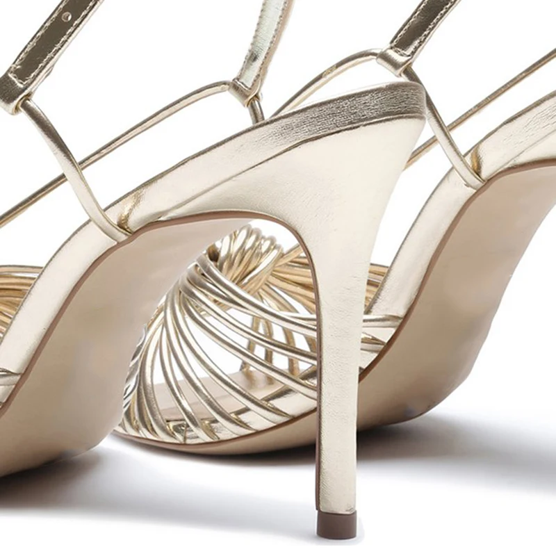 2022 Women's Pointed Toe Knotted Sandals Gold Summer Shoes Ladies Plus Size Party High Heels Slingbacks Stilettos Heeled Sandals