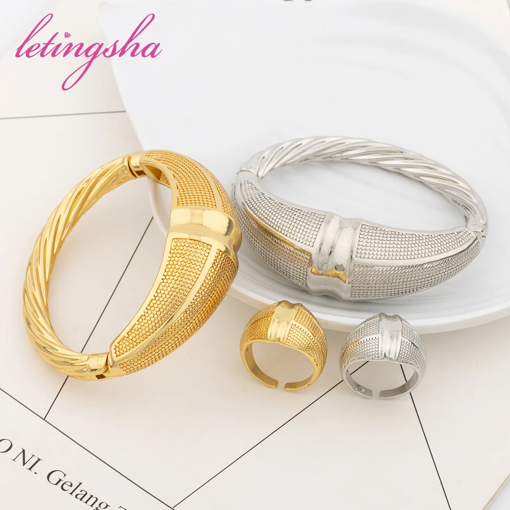 

Dubai Gold Plated Cuff Bangle Set African Copper Bracelets Fashion Women's Gold Color Bangle and Rings Party Anniversary Gift