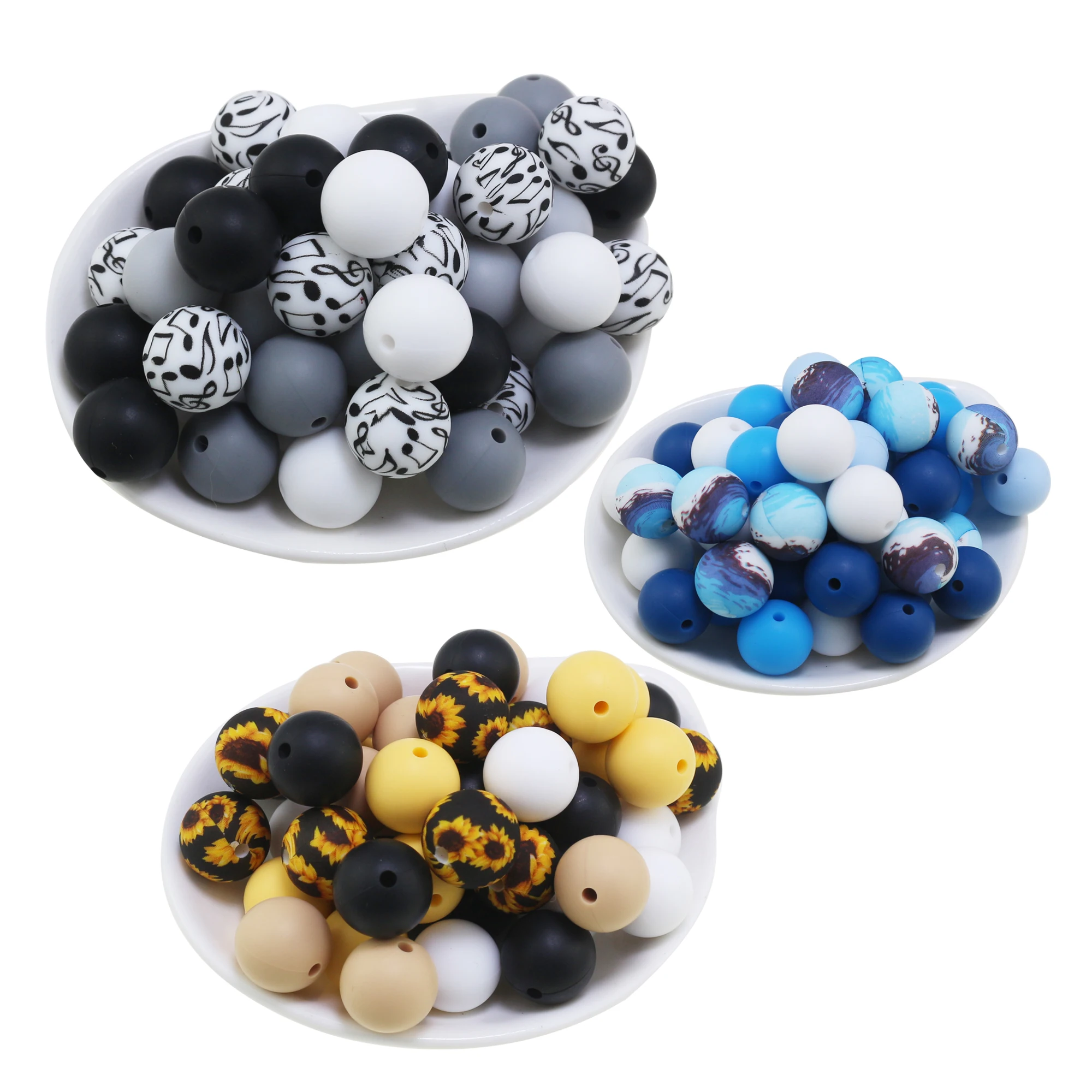 

15mm 100pcs Boys Colors Silicone Beads Sea Waves Print Ball Round Pearl Baby Chewable Teething Teether For DIY Necklaces