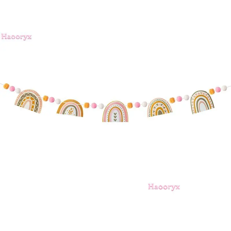 

Boho Rainbow Banner Pompoms Wall Hanging Flag Garland Photographic Scene Bunting Supplies For Birthday Party Wedding Decoration