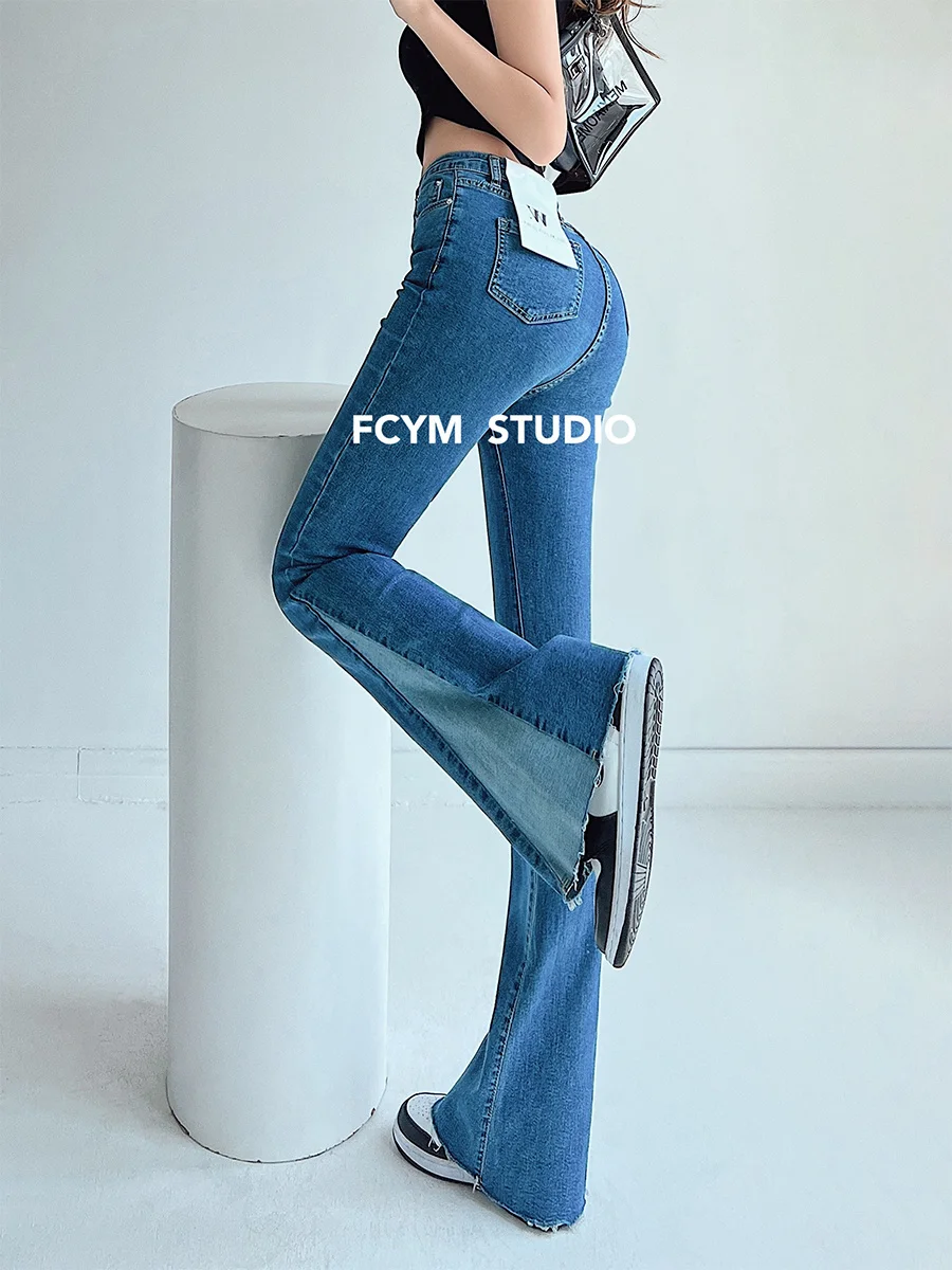 Новинка 2022 модные эластичные облегающие джинсовые брюки-клеш TVVOVVIN с высокой