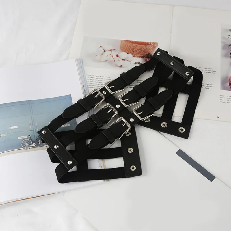 

Women Elastic Belt Wrap Waist Slimming Corset Self Tie 3 Straps Soft Faux Leather Black Punk Belts Dress Accessories For Ladies