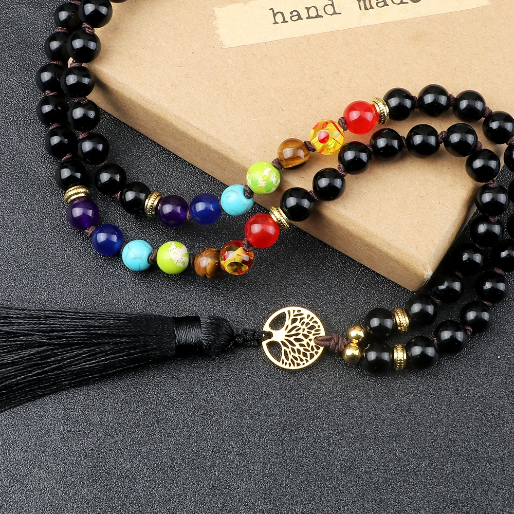 Винтажное ожерелье Shing с черными бусинами в виде 7 чакр модное подвеской дерева