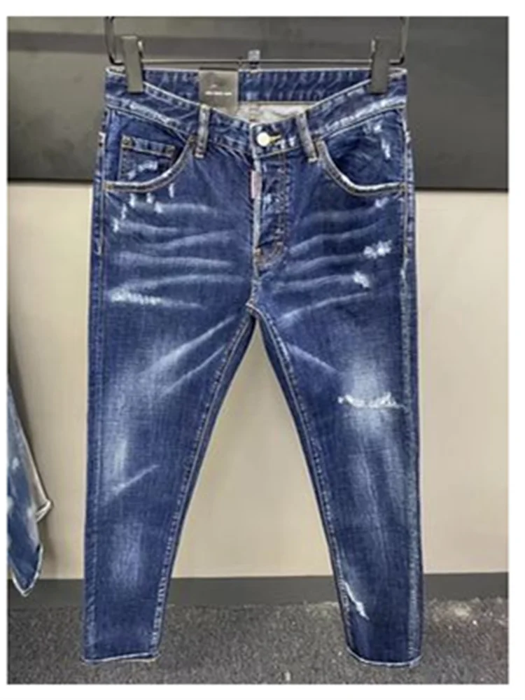 2023 new denim trousers men d2 jeans washed light gray slim feet casual flick paint asdDSQUARED2sakdh jeans