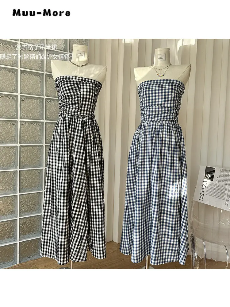 

Женское шифоновое платье средней длины, Повседневное платье в клетку без бретелек с открытыми плечами и высокой талией, со складками, лето 2023