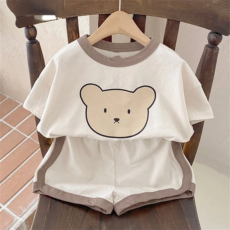 

Kids Children Summer Clothes Sets Short Sleeve Cartoon Bear T-shirt and Shorts 2pcs Suits for Boys and Girls